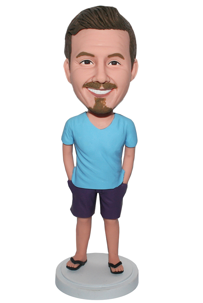 Custom Casual Bobbleheads Male In Blue T-shirt And Purple Short