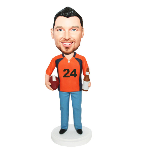 Football Jersey Male With Ball And Beer On Hands Bobblehead - Click Image to Close