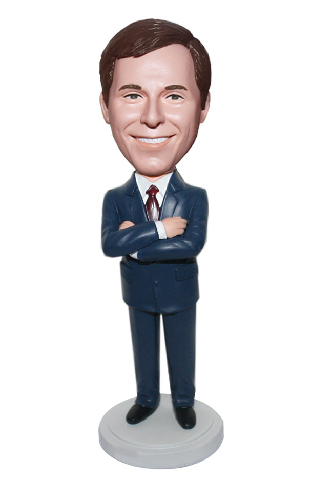 Arms Acrossed Male CEO In Navy Blue Suit Custom Bobblehead Doll - Click Image to Close