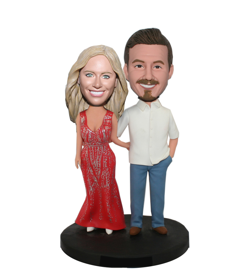 Customized Couple Bobbleheads Doll In Casual Dress Hands Around