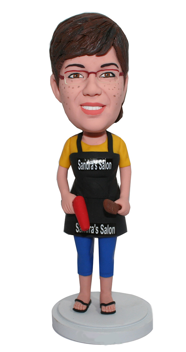 Custom Hairstylist Bobblehead Hairdresser In A Apron - Click Image to Close
