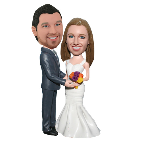 Grey Suit Groom Arms Around Bride Couple Bobbleheads