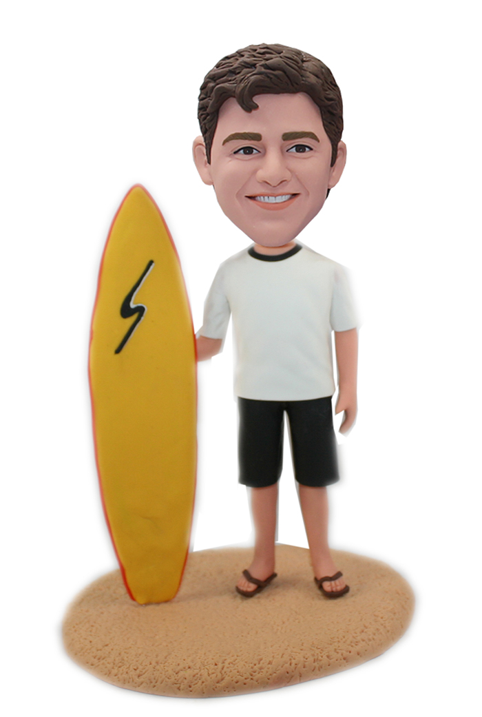 Custom Surfing Male Bobblehead Doll With A Yellow Surf Board - Click Image to Close