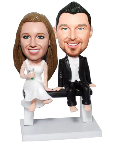 Bare Foot Bride And Groom Sit On Chair Wedding BobbleHeads - Click Image to Close