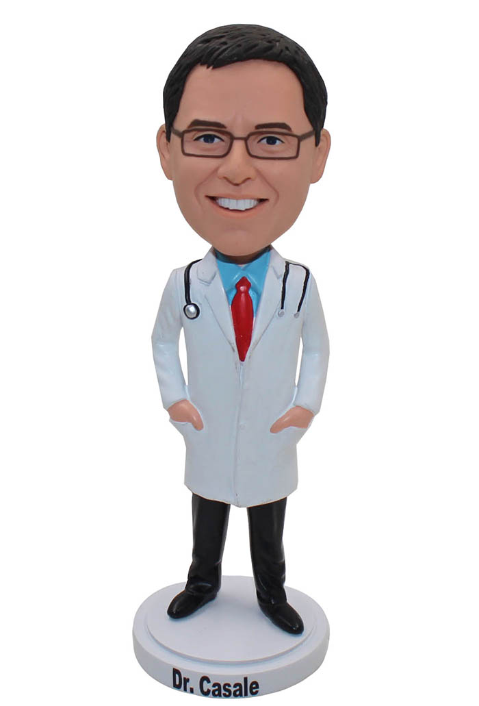 Personalized Bobblehead Doctor In Long Coat With Stethoscope - Click Image to Close