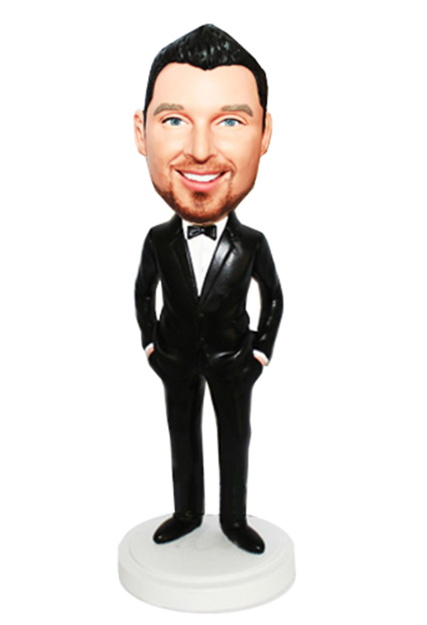 Hands In Pockets Bowtie Black Suit Custom Bobbleheads - Click Image to Close